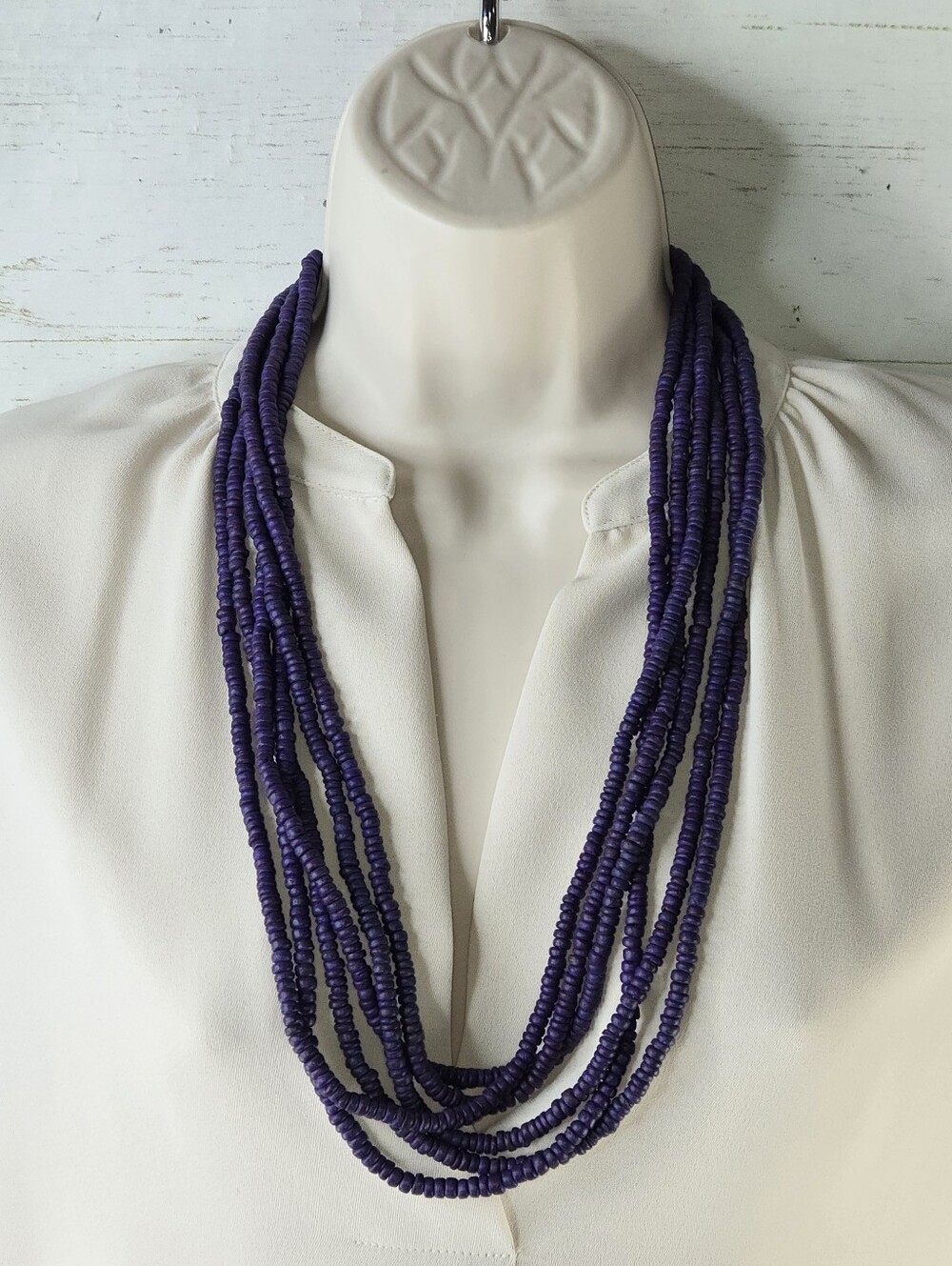 Vintage 28" Purple Wooden Bead 6 Strand Statement Necklace Classic Boho Y2K Chic